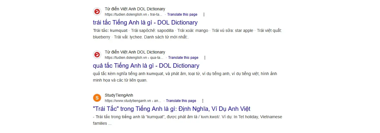 Look up trái tắc today and the top results still hand you kumquat; the correct answer, calamansi, sits one layer down in the botany. · Taken 14 July 2026. Screenshot of Google results translating trái tắc as kumquat