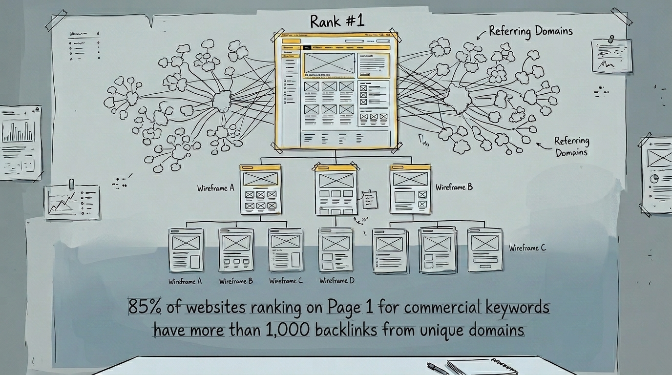 What the public guidance leaves out: page-one rankings track the breadth of a site's unique referring domains — not content quality alone. A whiteboard sketch: the Rank #1 page sits at the center of a dense web of hundreds of referring domains linking to it, above a hierarchy of page wireframes — 85% of Page-1 results for commercial keywords carry 1,000+ backlinks from unique domains.